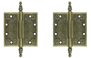 4 1/2 X 4 1/2 Inch Solid Brass Ornate Finial Style Hinge (Antique Brass Finish)