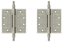 Load image into Gallery viewer, 4 1/2 X 4 1/2 Inch Solid Brass Ornate Finial Style Hinge (Brushed Nickel Finish)