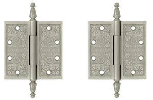 4 1/2 X 4 1/2 Inch Solid Brass Ornate Finial Style Hinge (Brushed Nickel Finish)