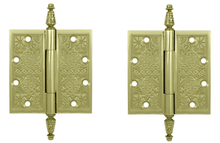 Load image into Gallery viewer, 4 1/2 X 4 1/2 Inch Solid Brass Ornate Finial Style Hinge (Unlacquered Brass Finish)