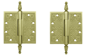 4 1/2 X 4 1/2 Inch Solid Brass Ornate Finial Style Hinge (Unlacquered Brass Finish)