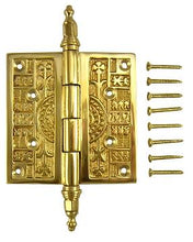 Load image into Gallery viewer, 4 x 4 Inch Steeple Tipped Victorian Solid Brass Hinge (Polished Brass Finish)