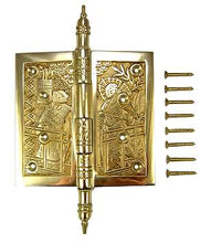 Load image into Gallery viewer, 4 1/2 x 4 1/2 Inch Japanesque Style Ornate Solid Brass Hinge (Polished Brass Finish)