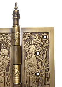 4 1/2 x 4 1/2 Inch Japanesque Style Ornate Solid Brass Hinge (Antique Brass Finish)