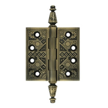Load image into Gallery viewer, 3 1/2 X 3 1/2 Inch Solid Brass Ornate Finial Style Hinge (Antique Brass Finish)