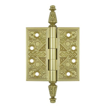 Load image into Gallery viewer, 3 1/2 X 3 1/2 Inch Solid Brass Ornate Finial Style Hinge (Polished Brass Finish)