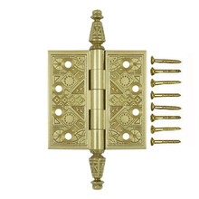 Load image into Gallery viewer, 3 1/2 X 3 1/2 Inch Solid Brass Ornate Finial Style Hinge (Polished Brass Finish)