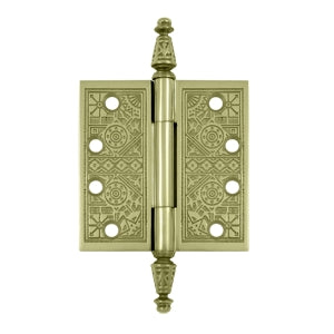 4 X 4 Inch Solid Brass Ornate Finial Style Hinge (Unlacquered Brass Finish)