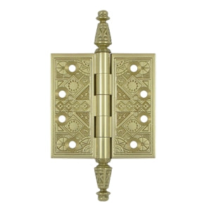 3 1/2 X 3 1/2 Inch Solid Brass Ornate Finial Style Hinge (Unlacquered Brass Finish)