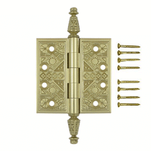 Load image into Gallery viewer, 3 1/2 X 3 1/2 Inch Solid Brass Ornate Finial Style Hinge (Unlacquered Brass Finish)